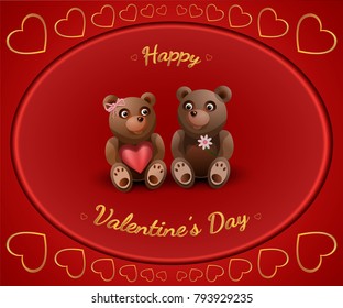 Valentine's card with the loving couple of bears. Holding a flower and a red heart. Vector illustration