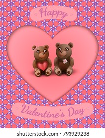 Valentine's card with the loving couple of bears. Holding a flower and a red heart. Vector illustration