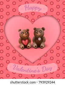 Valentine's card with the loving couple of bears. Holding a flower and a red heart. Vector illustration