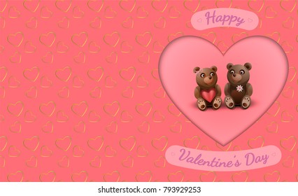 Valentine's card with the loving couple of bears. Holding a flower and a red heart. Vector illustration