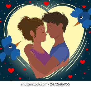 Valentine's card. A man and a woman embrace each other tenderly in the heart. Vector flat illustration.