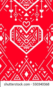 Valentines card. Mexican and Aztec tribal geometric ornament with decoration heart. Ethnic love print for design, banners, posters, cards, backgrounds. Vector illustration.