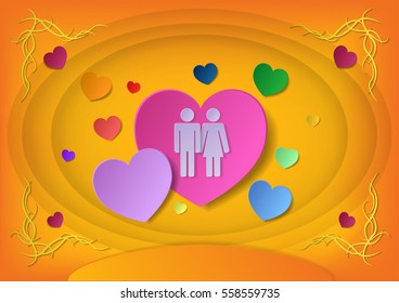 Valentine's card orange background with man  women and heart symbal.