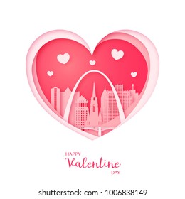 Valentines card. Paper cut heart and the city St. Louis. Happy Valentine day. Vector illustration.