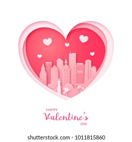 Valentines card. Paper cut heart and city of Miami. Happy Valentine day. Vector illustration.