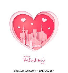 Valentines card. Paper cut heart and city of Milan. Happy Valentine's day. Vector illustration.