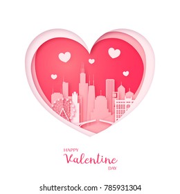 Valentines card. Paper cut heart and city of Chicago. Happy Valentine day. Vector illustration.