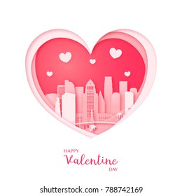 Valentines card. Paper cut heart and city of Los Angeles. Happy Valentine day. Vector illustration.