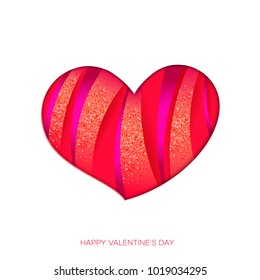 Valentine's card with paper cut style. Red heart with sequins. Vector illustration in modern style.