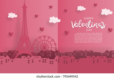 Valentine's card with paper cut style with Eiffel tower. Paris France symbol with hearts and cloud, city. Vector illustration. 