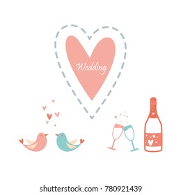 Valentine's card of pigeon and heart. Wedding card. Romantic background with bird