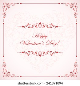 Valentines card with pink ornate elements, illustration.