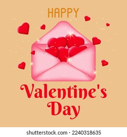 Valentine's card with a pink postal envelope full of red hearts. Love message symbol. Postcard for February 14th. The concept of celebrating Valentine's Day and love. Vector illustration.