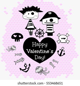 Valentine's card with pirates girl and boy on pink skulls background and heart sign Happy Valentine's Day! Vector illustration