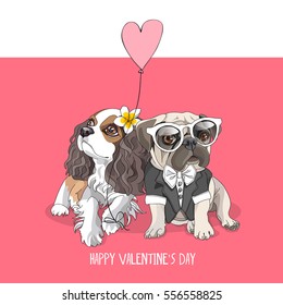 Valentine's card. Pug in a tuxedo and Cavalier King Charles Spaniel with pink heart balloon. Vector illustration.