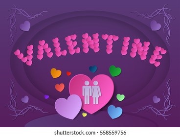 Valentine's card purple background with man  women and heart symbal.