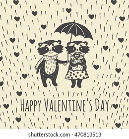Valentine's card with raccoon couple under umbrella. Vector illustrated raccoon couple on beige background.