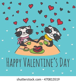 Valentine's card with Raccoon couple. Vector illustrated raccoon couple on blue background.