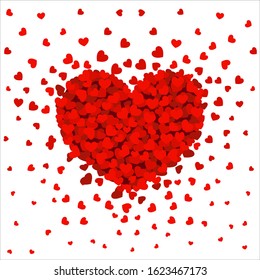 Valentine's card with a red heart that consists of little confetti hearts. Vector illustration isolated on the white background