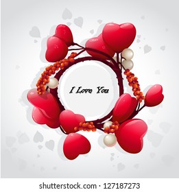 Valentine's card with red hearts and pearls