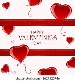Valentines card with red ribbon and flying balloons on white background. Banner with lettering Happy Valentine's Day. Illustration can be used for holiday design, posters, cards, websites, banners.