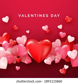 Valentines card with red shiny hearts. Bright Valentine`s day background. Vector