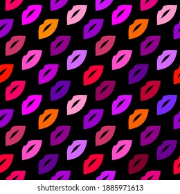 Valentine's card. Romantic background. Black backdrop. Seamless vector pattern. Template for packaging. Multi-colored lips.