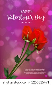 Valentines card with rose flowers and abstract shiny bokeh lights and hearts on background - copy space for your text. Vector illustration.