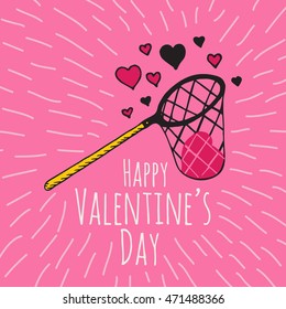 Valentine's card with scoop-net and hearts. Vector illustrated scoop-net with heart on pink background.