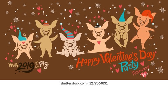 Valentines card with six cute cartoon pigs. Funny pigs dancing on the background of snowflakes and hearts. Happy Valentine's day! Holiday party on Valentine's Day in 2019.
