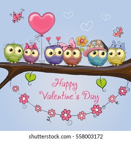 Valentines card with six cute Owls on the branch