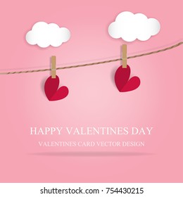 Valentines card sweet background,  red heart paper cut style with cloths pin hanging on the wall and white cloud. Vector illustration.