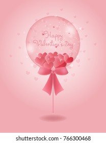 Valentines card with sweet pink background and typography Happy Valentine's day with hearts balloons inside another big balloons. Vector illustration. 