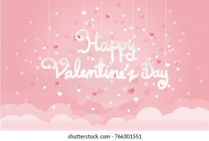 Valentines card with sweet pink background and typography in paper cute style hanging from the ceiling, text love above clouds layers. Vector illustration. 