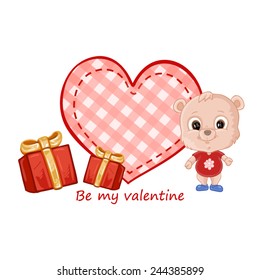 Valentines card with teddy bear gifts and heart