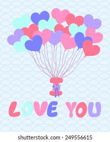 Valentine's card template with a bunch of blue , pink and purple balloons form of heart on a blue background