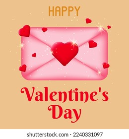 Valentine's card template with a postal pink envelope sealed with a red heart. Postcard with a love message. The concept of celebrating Valentine's Day and love. Vector illustration.