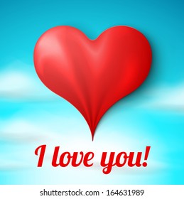 Valentine's card template: red textile heart on sky background. Vector illustration 