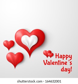 Valentine's card template:  textile hearts on red background. Vector illustration 