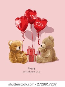 modelo de cartão de valentine com casal de bonecas de urso de desenho animado segurando balões ilustração vetorial