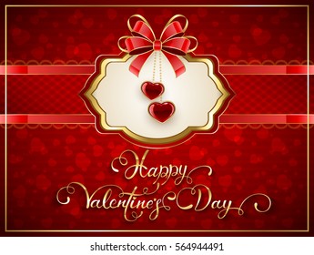 Valentines card with two glittering hearts and bow on red background, holiday lettering Happy Valentines Day, illustration.
