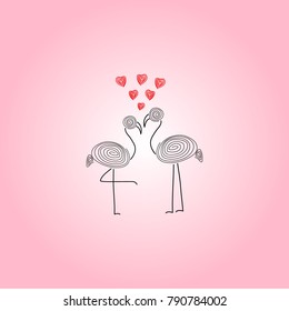 Valentines card with two loving  flamingo and hearts. Color vector illustration. Cute background
