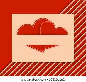 Valentine's card with two red hearts on a striped background.