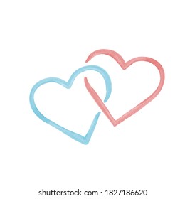 Valentines card with two watercolor painted red and blue hearts. Stock vector illustration isolated on white background.