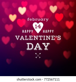 Valentines card with type design and bright bokeh hearts