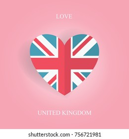 Valentine's card of United Kingdom flag in flat heart shape paper style. Vector illustration