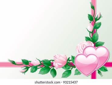 Valentines card. Vector background of frame with Hearts and pink roses.