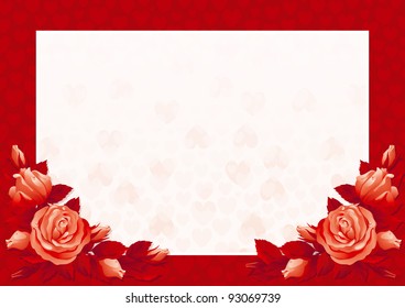Valentines card. Vector border with  many red roses and hearts on abstract background.