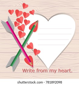 Valentine's card vector design, Arrow and red heart shape on wood texture background with copy space for text.