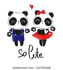 Valentine's card vector illustration. Two cute pandas and hand drawn lettering the phrase- So Cute. Heart.